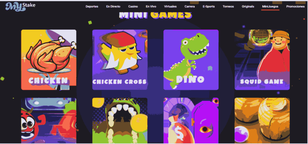 Sección de minijuegos de MyStake con una cuadrícula de juegos como Chicken, Chicken Cross, Dino y Squid Game.
