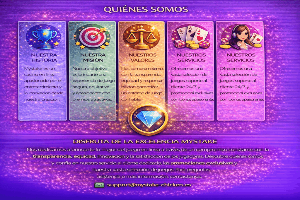Quienes somos historia mision valores y servicios Mystake juegos en linea soporte 24 7 promociones exclusivas
