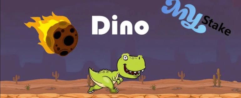 Imagen promocional del juego Dino de MyStake con un dinosaurio animado corriendo por un paisaje desértico y un meteorito en llamas.