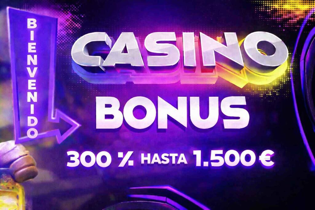 Banner promocional de casino con diseño en neón y el texto “Bienvenido”, “Casino Bonus” y “300 % hasta 1.500 €”.