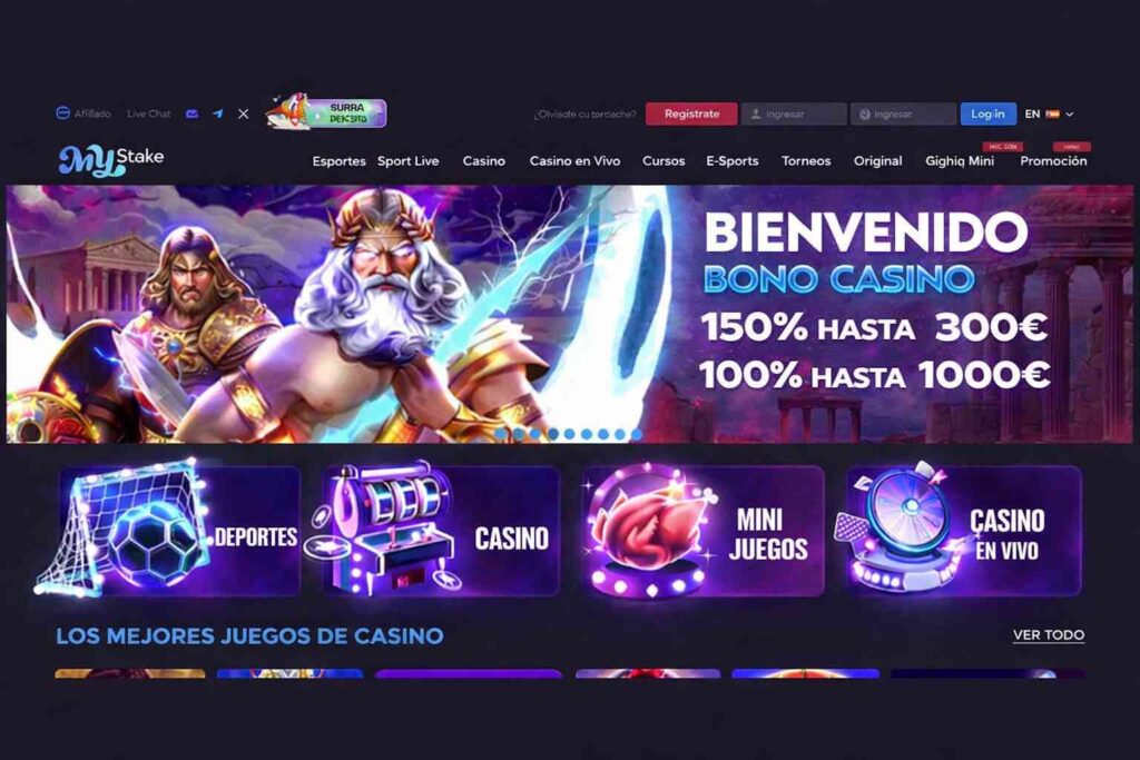 Página principal de MyStake en español con banner de bienvenida al bono de casino y accesos a deportes, casino, minijuegos y casino en vivo.