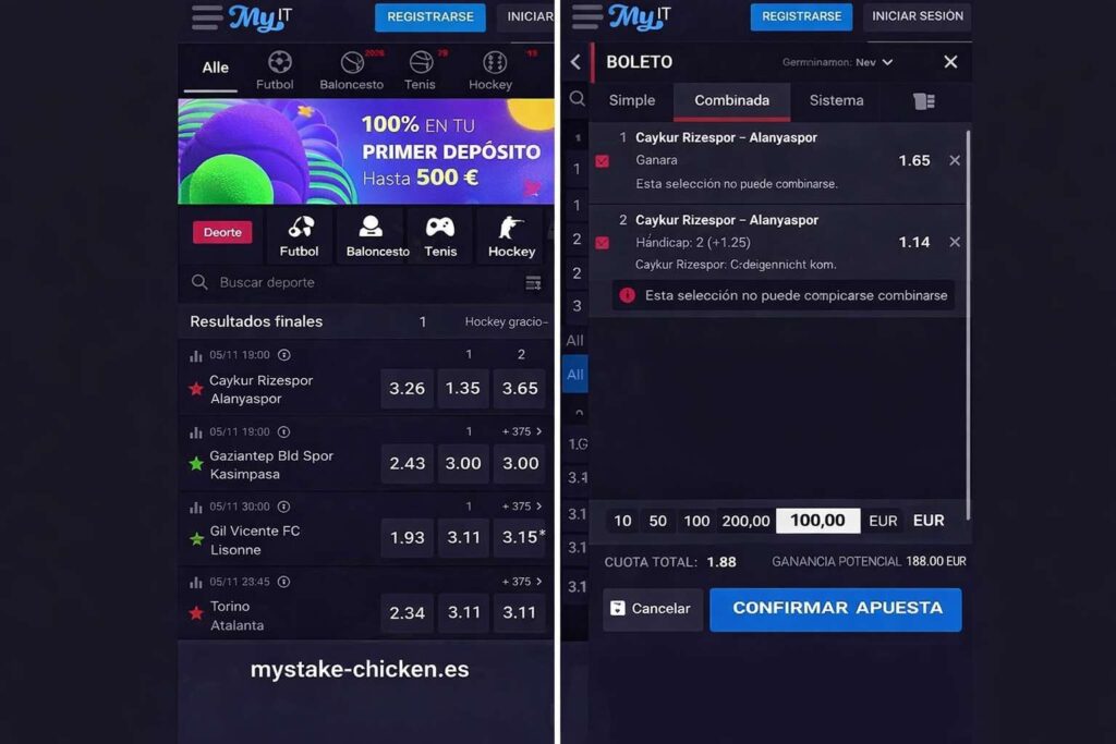 Captura de la versión móvil de mystake-chicken.es con la interfaz de apuestas deportivas, partidos de fútbol, cuotas visibles y boleto de apuesta abierto.